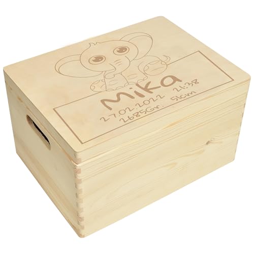 CHICCIE Holzbox zur Geburt Personalisierte Gravur Elefant 40x30x23cm Natur Truhe von CHICCIE