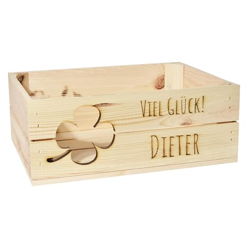 CHICCIE Holzkiste Personalisiert Kleeblatt mit Wunschtext für jeden Anlass - Graviert Ruhestand Geburtstag Hochzeit Abschied Rente Taufe von CHICCIE