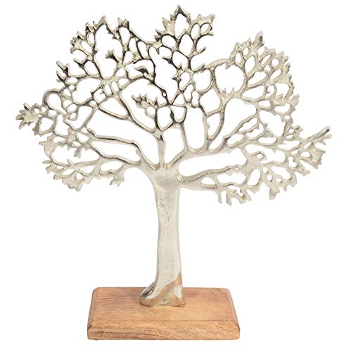 CHICCIE Metall Baum Figur Silber Auf Mango Holz 28cm - Lebensbaum Dekobaum Geldbaum von CHICCIE