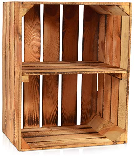 CHICCIE Geflammte Obstkisten - Verschiedene Größen Holzkisten Weinkisten Holz Kisten Apfelkisten Obstkiste Gebrannt (50 x 40 x 30cm mit kurzer Ablage, 1) von CHICCIE