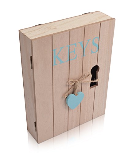CHICCIE Schlüsselschrank aus Holz mit Herz Blau - 6 Haken - 24cm x 18cm x 5cm (H x B x T) Landhaus Vintage Shabby Chic von CHICCIE