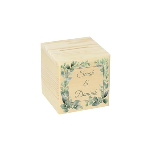CHICCIE Spardose aus Holz Personalisiert zur Hochzeit Eukalyptus Kranz Aquarell Druck 10x10cm - Hochzeitsgeschenk Geldgeschenk Verlobung von CHICCIE