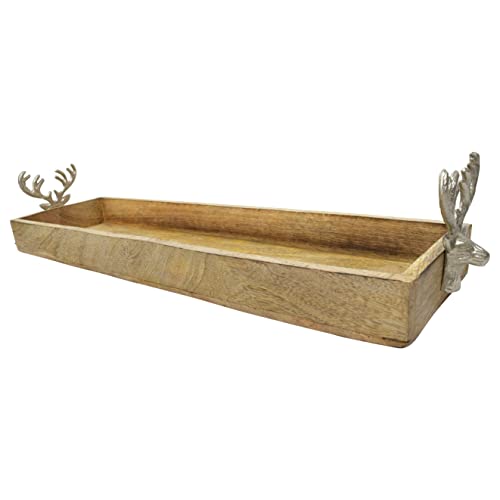 CHICCIE Tablett aus Mangoholz m. Rentierkopf Silber 18x63x10 von CHICCIE