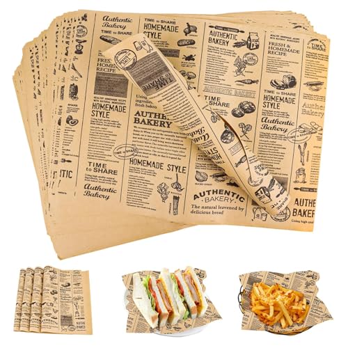100 Blätter Backpapier Zeitungsoptik - 25x25 cm Backpapier Wiederverwendbar Zuschnitte Burger Papier Ölbeständiges Käsepapier Butterbrotpapier Sicheres Deli Wrap Papier für Sandwiches, Pommes, Brot von CHICHI:OÜ