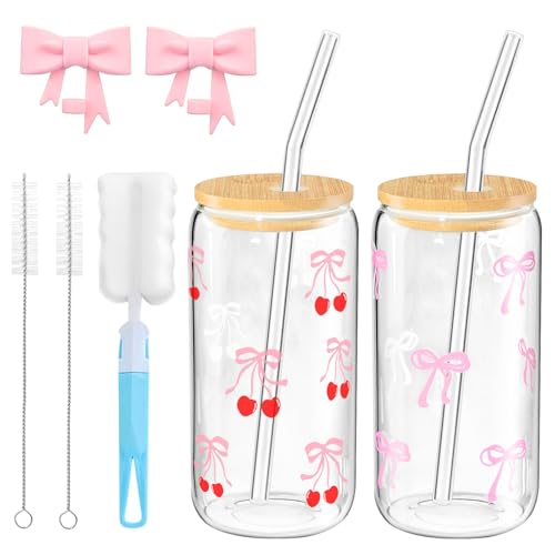 2 Stück 16 oz Glass Becher mit Deckel und Strohhalm, Eleganter Trinkgläser mit Tassenbürste, Strohhalm-Bürste, Rosa Strohhalmdeckel mit Schleife, Borosilikatglas für Kaffee Cocktails Tea und Mehr von CHICHI:OÜ