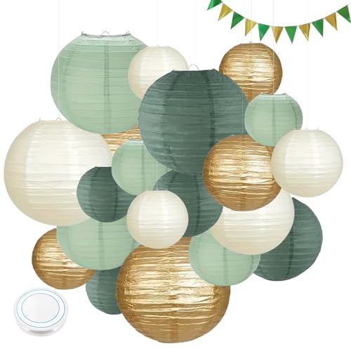 20 Stück Grün Gold Papierlaterne Lampion, Runde Hängende Papierlaternen mit Wimpel und Angelschnur, Salbeigrün Lampions für Brauthochzeitsdekoration, Gartenparty Dekoration (Größe:30cm, 25cm, 20cm, 15 20 Stück Grün Gold Papierlaterne Lampion, Runde Hängende Papierlaternen mit Wimpel und Angelschnur, Salbeigrün Lampions für Brauthochzeitsdekoration, Gartenparty Dekoration (Größe:30cm, 25cm, 20cm, 15 von CHICHI:OÜ