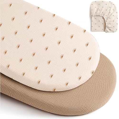 2pcs Spannbettlaken Kinderwagen, 81 x 43cm Baumwolle Kinderwagen Matratzenbezug, Spannbettlaken in Hellbraun und Sonnenmuster für Neugeborenes Beistellbett Stubenwagen Atmungsaktives Baby Bettlaken von CHICHI:OÜ