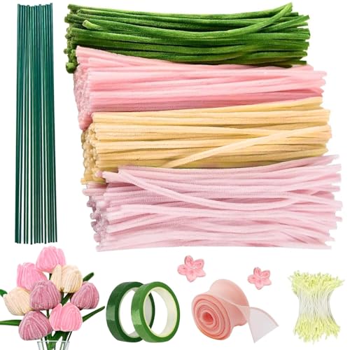 400 Stück Pfeifenreiniger, 4 Farben Tulpe Blumenstrauß Pfeifenputzer zum Basteln Blumen, mit Blumenstäbe, Blumen Staubblatt, Schleifenband, Klebeband, Chenilledraht Pipe Cleaner Bastelset, Rosa von CHICHI:OÜ