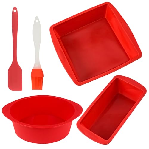 5 Stück Silikon Backformen Satz, 3 Verschiedene Formen Rot Silikon Backform mit Ölpinsel Schaber, Anti-Haftbeschichtet Wiederverwendbar HeißLuftfritteuse Silikonform Backen für Kuchen Toast Brot Laib von CHICHI:OÜ