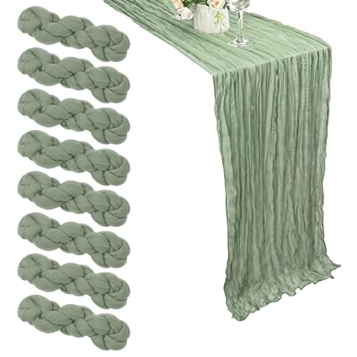 8 Stück Tischläufer Salbeigrün Boho Deko, 55 x 300cm Musselin Seihtuch,Langen Halbschuhen rustikaler Boho-Tischläufer für Hochzeit, Brautdusche, Party, Bankettdekoration von CHICHI:OÜ
