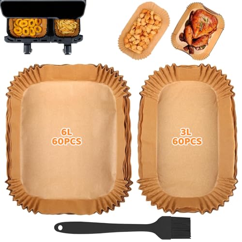 Airfryer Backpapier - Kompatibel mit Tefal Philips Airfryer 3000 Zubehör - Rechteckig Air Fryer Heissluftfritteuse Papier für Dual Basket Airfryer Zubehör Philips - Zwei Größen 6L+3L (60 +60 Stück) von CHICHI:OÜ