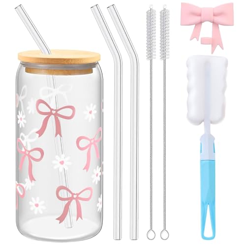 Glass Becher mit Deckel und Strohhalm, 16 oz / 500 ml Trinkgläser mit Tassenbürste, Strohhalm-Bürste, Rosa Strohhalmdeckel mit Schleife, Iced Coffee Glass für Smoothie Kaffee Cocktails Tea und Mehr von CHICHI:OÜ