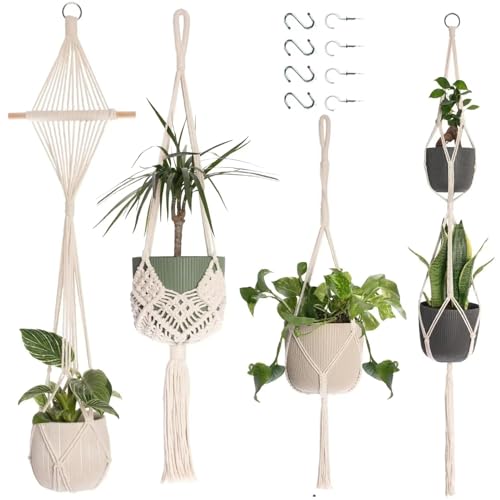 Makramee Blumenampel, 4 Stück Boho Deko Makramee Hängeampel mit Haken, Baumwollseil Hängepflanzen, Boho Zimmer Deko Aesthetic Hängeampel, Blumentopf Hängend für Innen Außen Decken Balkone Wand Deko von CHICHI:OÜ