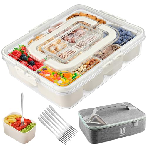 Snackbox mit 8 Fächern, Snacktablett mit Kühltasche und 6 Obstgabel aus Edelstahl, Tragbar Snackteller mit Deckel und Griff,Geteiltes Serviertablett für Gemüse, Obst, Nüsse, Gewürze für Picknick Party Snackbox mit 8 Fächern, Snacktablett mit Kühltasche und 6 Obstgabel aus Edelstahl, Tragbar Snackteller mit Deckel und Griff,Geteiltes Serviertablett für Gemüse, Obst, Nüsse, Gewürze für Picknick Party von CHICHI:OÜ