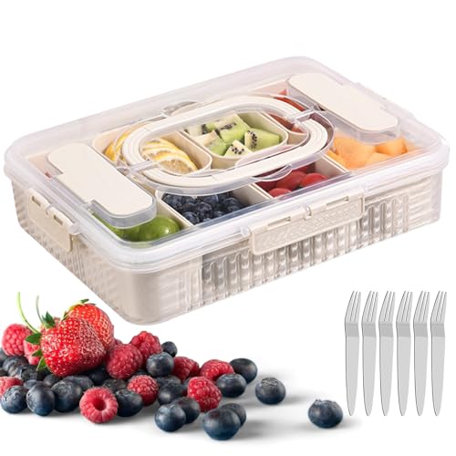 Snackbox mit 8 Fächern, Snackteller mit Deckel Griff und 6 Gabeln, Wiederverwendbar Tragbar Snackdose, Frischhaltebox und Snack Tablett für Kühlschrank Obst SüßIgkeiten Keksen Dessert GemüSe Nüsse von CHICHI:OÜ