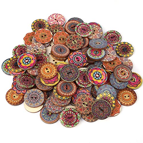 CHICIRIS Druckknopf 100 PCs Gemischtes Muster Vintage Holzknöpfe 25 Mm mit 2 Löchern für DIY -Nähen Handwerk Dekoratives Vintage -Design Holz für Jacken, Hüte, Rucksäcke von CHICIRIS