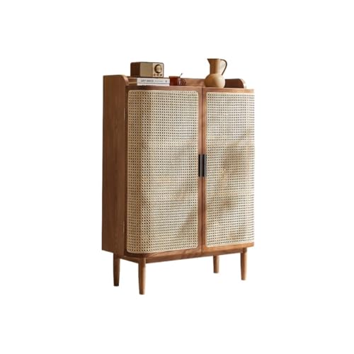 CHICKEN Sideboardschrank Modernes Sideboard aus Massivholz, Schuhschrank aus Rattan, Lagerschrank, Eingangsschrank (Farbe: Walnussfarbe und Schwarz) Buffetschrank Mit Stauraum(A) von CHICKEN