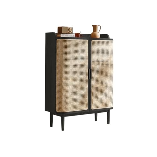 CHICKEN Sideboardschrank Modernes Sideboard aus Massivholz, Schuhschrank aus Rattan, Lagerschrank, Eingangsschrank (Farbe: Walnussfarbe und Schwarz) Buffetschrank Mit Stauraum(B) von CHICKEN