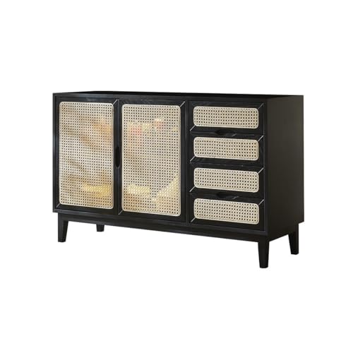 CHICKEN Sideboardschrank Retro-Sideboard aus Holz im Wabi-Sabi-Stil, Rattan-Esszimmerschrank, Schubladenschrank, Eingangsschrank Buffetschrank Mit Stauraum von CHICKEN