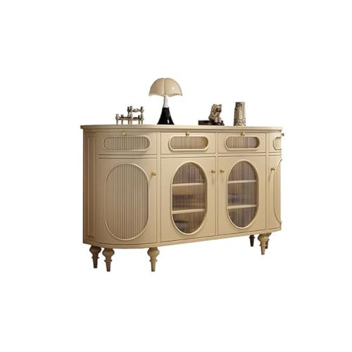 Sideboardschrank Französisches cremefarbenes Sideboard im Chinoiserie-Stil, Eingangsbereich, Vintage-Glas-Aufbewahrungsschrank, Home One Sideboard Buffetschrank Mit Stauraum(Cream 160 * 40 * 90cm) von CHICKEN