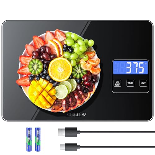 CHICLEW Wiederaufladbare Digitale Küchenwaage, 15KG Elektronische Waage Küche mit 5 Umschaltbaren Einheiten & Großer Plattform aus Gehärtetem Glas, Wasserdichte Essenswaage, Haushaltswaage, 24*16*2cm von CHICLEW