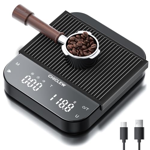 CHICLEW Wiederaufladbare Kaffeewaage mit Timer, 3 kg/0,1g Espresso Waage für Pour-Over Kaffee, 3 Modi & 6 Einheiten Präzisionswaage, Tragbare Digitale Küchenwaage mit Schwerkraftsensor von CHICLEW