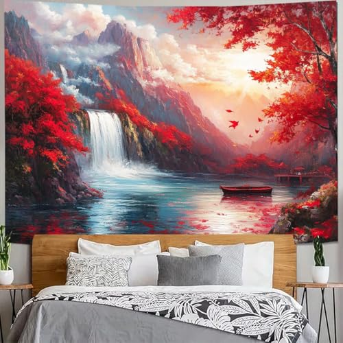 CHICORANGE Berge Wasserfall Wandteppich Aquarell Natur Rot Herbstblätter Wandteppiche Ästhetischer Sonnenaufgang Wandbehang See Spiegelung Boot Abstrakter Wandteppich for Wohnzimmer Schlafzimmer Wohnh von CHICORANGE