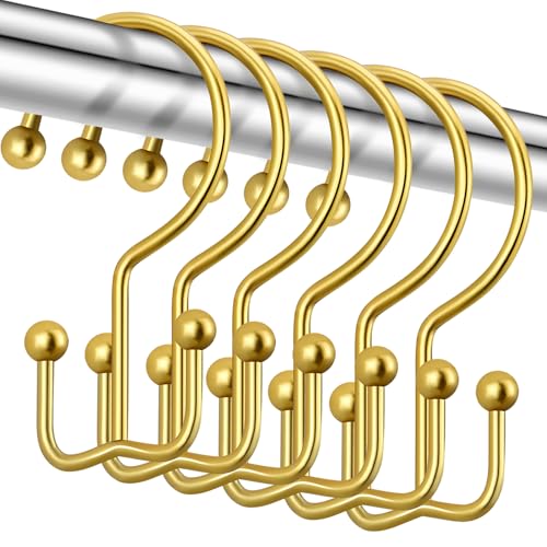 CHICTIE Goldene Duschvorhanghaken, doppelte Duschvorhangringe, Edelstahl-Duschvorhanghaken, rostbeständig, Anti-Drop-Duschhaken für Duschvorhangstangen Badezimmer (12 Stück) von CHICTIE