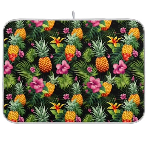 Abtropfmatte mit tropischen Ananas und Blumen, 40,6 x 45,7 cm, wendbar, Kaffeebar-Matte, schnell trocknend, Küchen-Trockenmatte, hitzebeständige Matte von CHIFIGNO