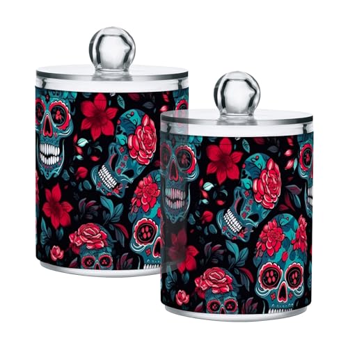 Blue Sugar Skulls with Red Flowers Qtip Holder Dispenser Set of 2, Clear Apothecary Plastic Jars Clear Bathroom Storage Containers for Cotton Ball, Cotton Swab, Cotton Round Pads, Floss 10oz von CHIFIGNO