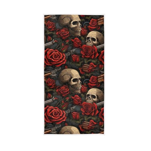 CHIFIGNO Handtuch, rote Rosen und Vintage-Totenköpfe, weich, Küchen-Geschirrtücher, Mehrzweck-Badhandtücher für Badezimmer, Fitnessstudio, Spa, Workout, 76,2 x 38,1 cm von CHIFIGNO