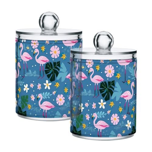 CHIFIGNO Qtip Spender mit rosa Flamingos und niedlichen Blumen, 284 ml, Apothekergläser, Badezimmer-Organizer für Wattebällchen, Wattestäbchen, runde Wattepads, Zahnseide, 4 Stück von CHIFIGNO