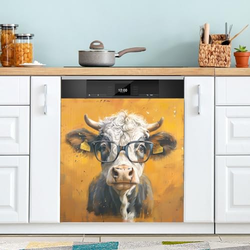 Highland Cow with Glasses Magnet Dishwasher Cover Kitchen Decor, Decorative Magnetic Fridge Panel Decal Fridge Door Cover Sheet Sticker 58.4 cm x 66.0 cm von CHIFIGNO