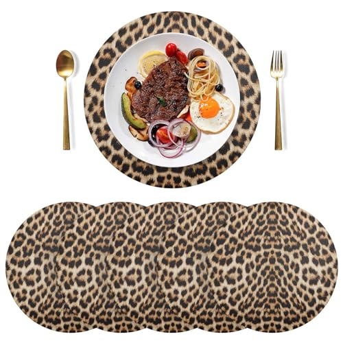 Platzsets mit Leopardenmuster, braun, Gepard, rund, 6er-Set, waschbar, für Küche, Esstisch, Dekoration von CHIFIGNO