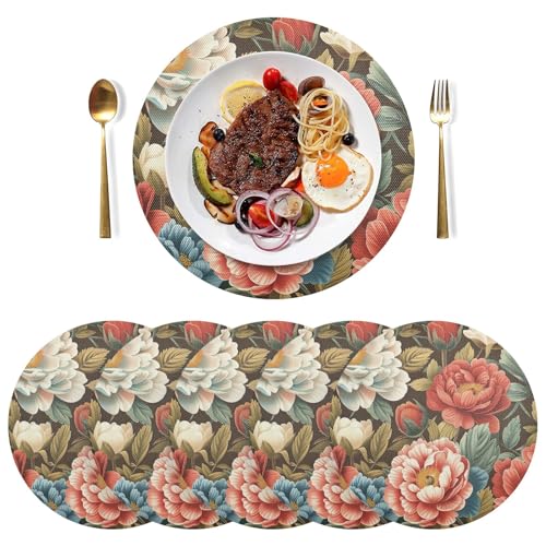 Runde Tischsets, Vintage-Design Rosen und Pfingstrosen, 6 Stück, rutschfeste Tischsets, dekorative Tischmatten für Party, Küche, Esszimmer, Dekoration von CHIFIGNO