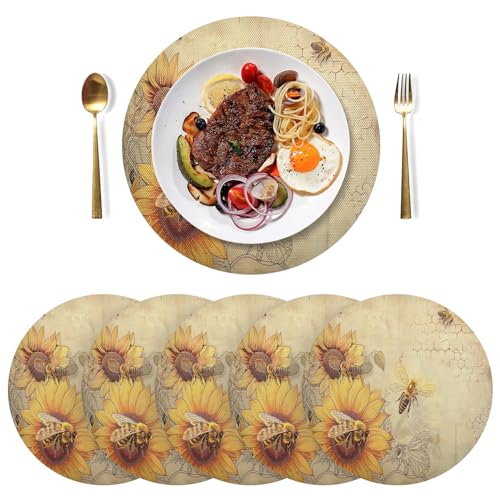 Runde Tischsets, Vintage-Sonnenblumen und Bienen, 6 Stück, Küchentisch-Matten, moderne Tischsets für Party, Küche, Esszimmer, Dekoration von CHIFIGNO