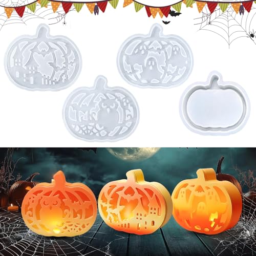 CHIHOLEN 4 Stück Silikonformen Gießformen Halloween Kürbis, Gießformen Silikon Halloween, Silikonform Herbst, Gipsformen zum Gießen für DIY Kürbis Deko von CHIHOLEN