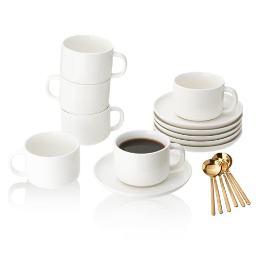 CHILDIKE Porzellan-Kaffeebecher mit Untertasse, Löffel, 237 ml, Farbglasur, 6 Stück (weiß) von CHILDIKE