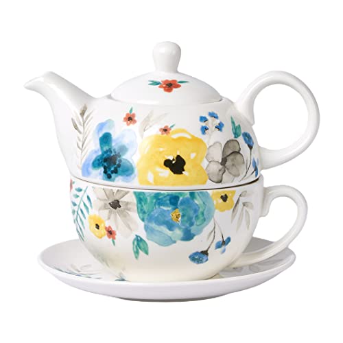 CHILDIKE Tea for One Porzellan Teekanne und Tasse Set, Tee-Set für einen, handbemalte Aquarell-Teekanne, Tee-Set, Geschenk für Frauen, blühende Blumen von CHILDIKE