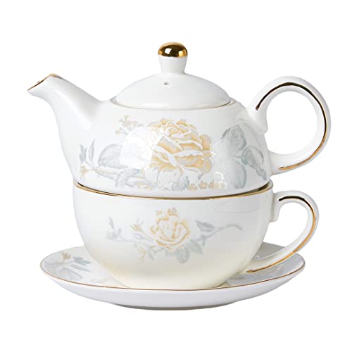 CHILDIKE Tea for One Porzellan Teekanne und Tasse Set, Teeservice für eine Person, Floral Teekanne, Gold Rose Tee Set Geschenk für Frauen von CHILDIKE