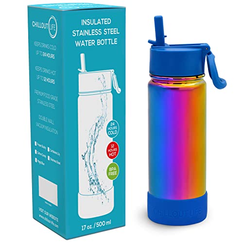 CHILLOUT LIFE Isolierte Kinder-Wasserflasche für die Schule, mit Strohhalm-Deckel, auslaufsicher und niedlich, wasserfest, personalisierbar, Edelstahl-Thermosflasche, Metall-Wasserflasche, von CHILLOUT LIFE