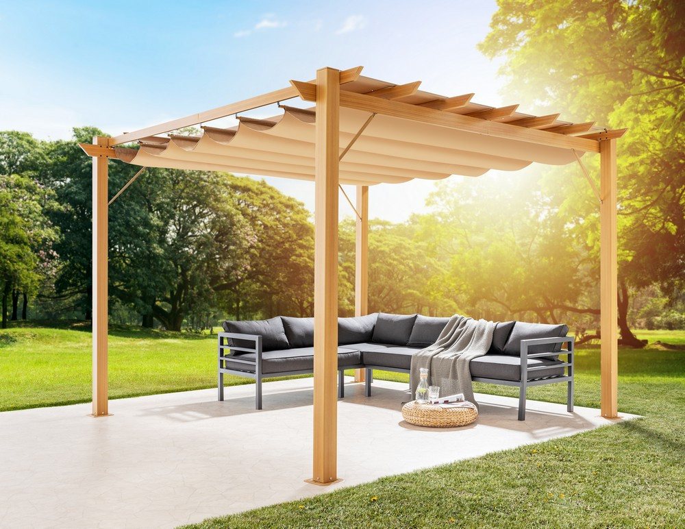 CHILLROI Pavillon Aluminium-Pavillon mit verstellbarem Sonnensegel, 350x505cm Buche, (1x Pavillon mit verstellbarem Sonnensegel), Wartungsfrei, Holzoptik, UV-beständig, stabile Konstruktion von CHILLROI