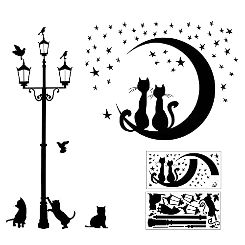 2 Stück Schwarz Wandtattoo Katzen Selbstklebend Set für Wanddeko, Straßenlampe Stern Katze Wandsticker Wandaufkleber Kleben Aufkleber Wandbilder für Wohnzimmer Schlafzimmer Kinderzimmer Flur Fenster von CHINPING