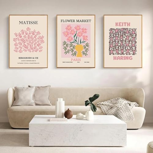 CHIPEL Modernes Gemälde, abstraktes rosa Gras, Raum-Yayoshi-Poster, Matisse-Blumenmarkt, moderne Ästhetik, Raumdekoration, 3 Stück, 50 x 70 cm, ohne Rahmen von CHIPEL