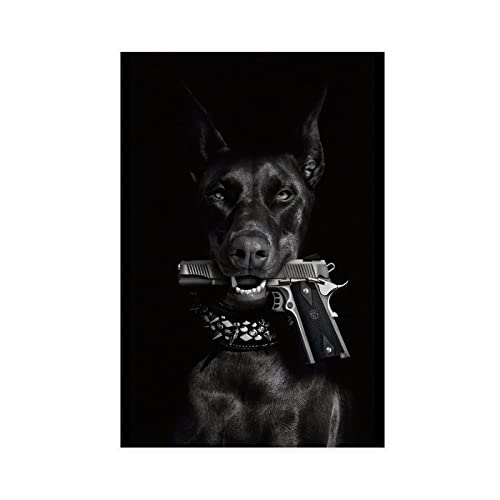 Dobermann Mit Pistole Poster Leinwand Poster Schlafzimmer Dekor Sport Landschaft Büro Zimmer Dekor Geschenk Unrahmen-Stil 60 x 90 cm von CHIPEL