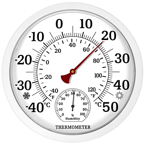 Thermometer Innen Außen - 25.4cm Raumthermometer Innen Außenthermometer Hygrometer, Thermometer mit Luftfeuchtigkeitsmesser Wandthermometer für Häuser, Gewächshäuser, Gärten, Autos, Weiß von CHIVENIDO