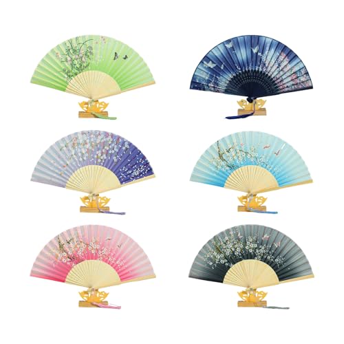 Tragbarer Bambusrahmen, Seidenfächer, chinesisches Vintage-Design, kühlendes Zubehör für Frauen, Mädchen, Party, Tanzaufführungen, Fächer, Bambusrahmen, Seide, faltbar von CHIZISX