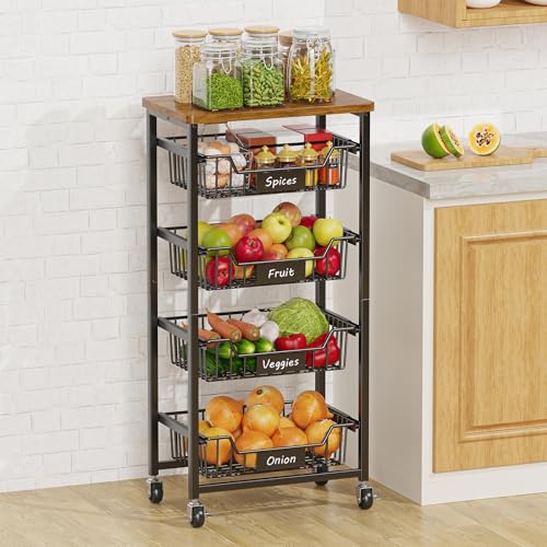 CHLORYARD 5-stöckiger Gemüse- und Obstkorb, Küchenaufbewahrung, Rollwagen auf Rädern, mit ausziehbaren Körben und Holzplatte, für Küche, Esszimmer, Speisekammer von CHLORYARD