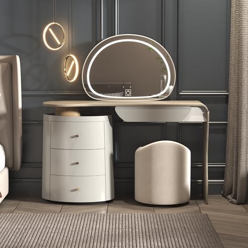 Schminktisch mit Beleuchtung & Spiegel – Modernes Makeup Tisch Set aus Holz,Mit Schubladen & LED-Spiegel mit 3 Lichtfarben,Schminktisch groß,Kosmetiktisch,Schminktische Holz für Schlafzimmer (653) von CHMAIDEU