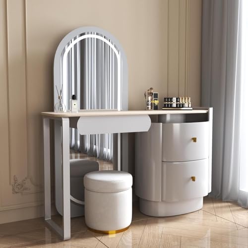 Schminktisch mit Beleuchtung & Spiegel – Modernes Makeup Tisch Set aus Holz,Mit Schubladen & LED-Spiegel mit 3 Lichtfarben,Schminktisch groß,Kosmetiktisch,Schminktische Holz für Schlafzimmer (643) von CHMAIDEU